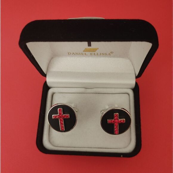 MEN'S DANIEL ELLISSA BLACK/RED CROSS RELIGIOUS CUFFLINKS. - Picture 1 of 2